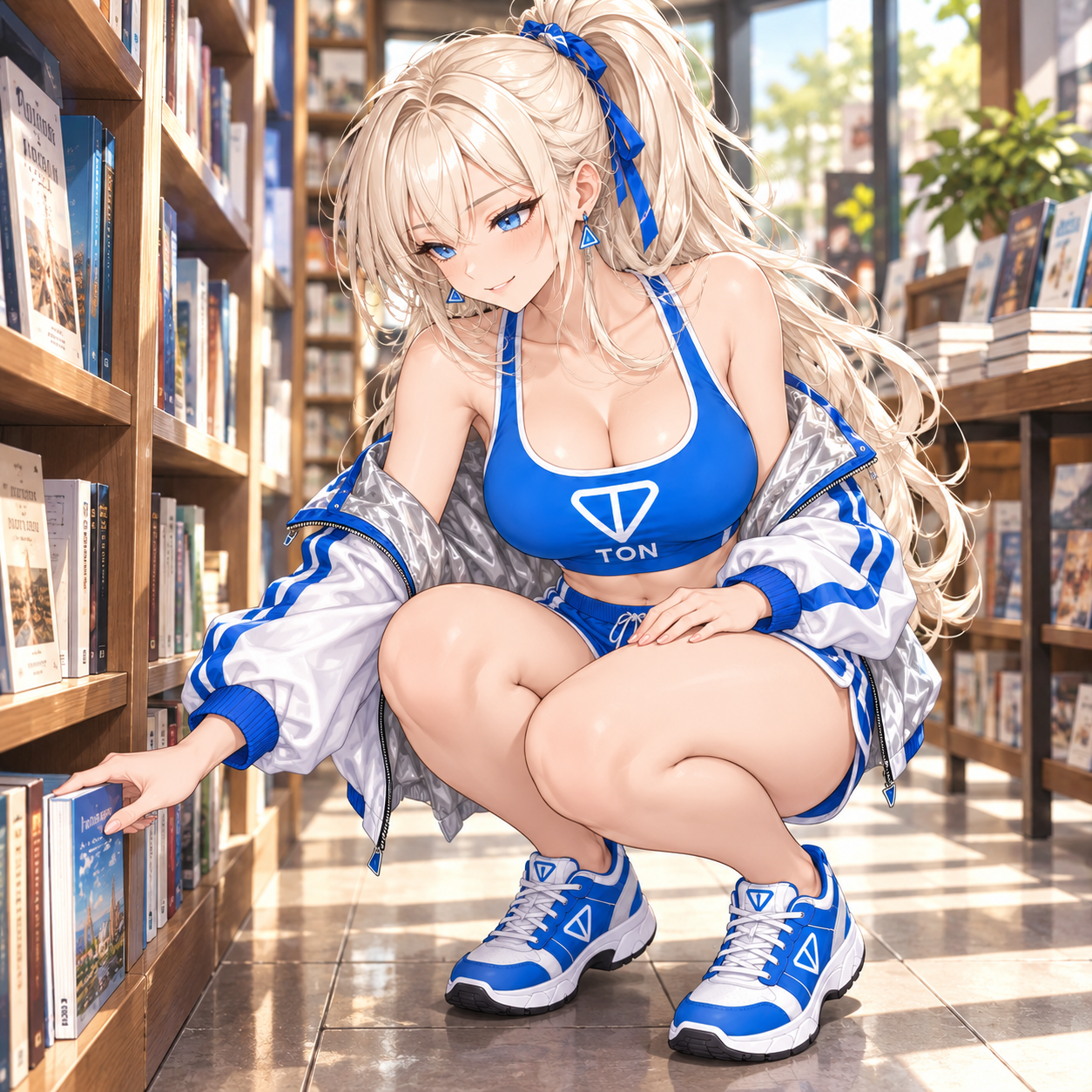 TON mascot browsing the shelves in a sunny library